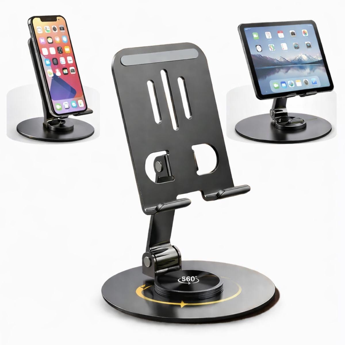 Suporte de Celular de Mesa Ajustável em Alumínio Premium Rotação 360° Dobrável Base