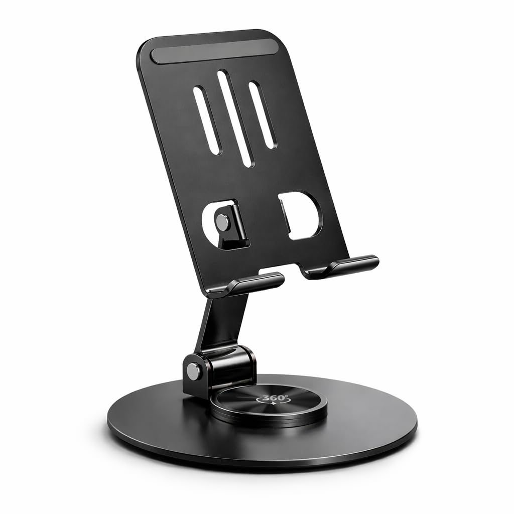 Suporte de Celular e Tablet de Mesa em Alumínio com Rotação 360°, Ajustável e Dobrável,