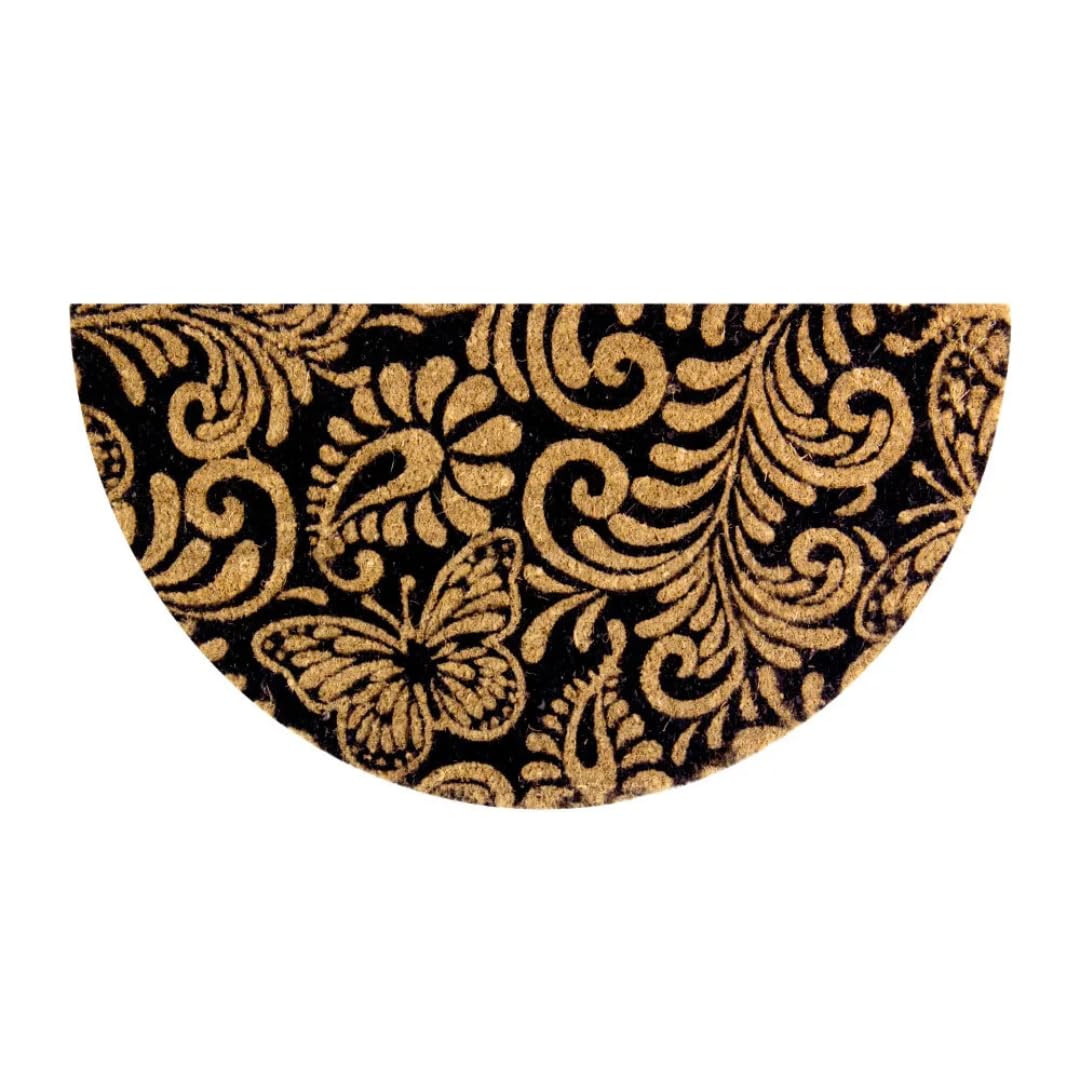 Capacho Decorativo de Fibra de Coco, Preto e Bege, Design Arabesco, Semicircular,