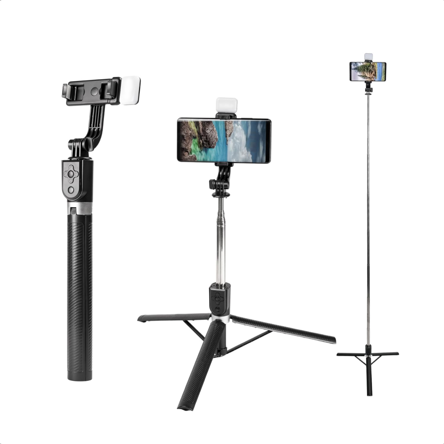 Tripé para Celular 170cm com Bastão de Selfie Extensível Luz LED e Controle Remoto
