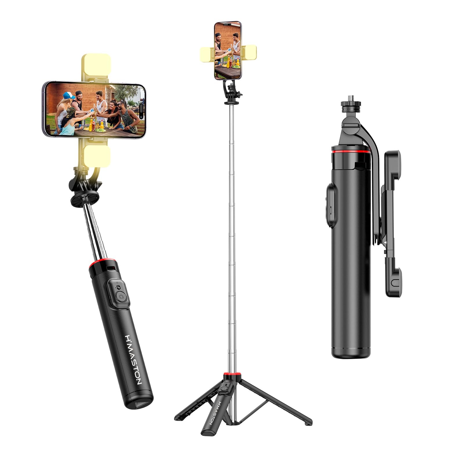 H'MASTON Tripe para Celular Bastao de Selfie Pau de Selfie com Duplo Luz de LED e