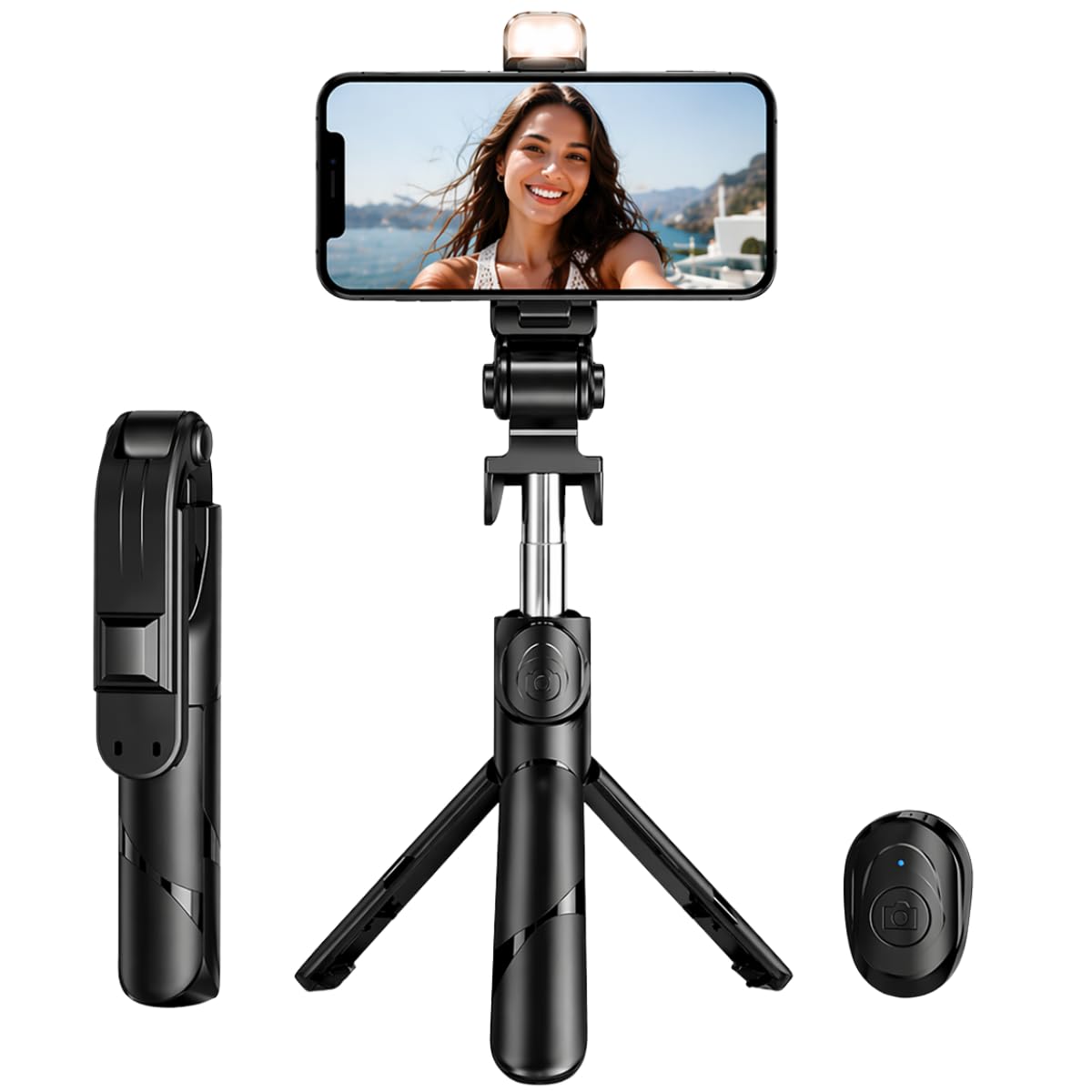 Tripé para Celular com Luz LED + Controle Remoto Bluetooth, Bastão Selfie 3 em 1