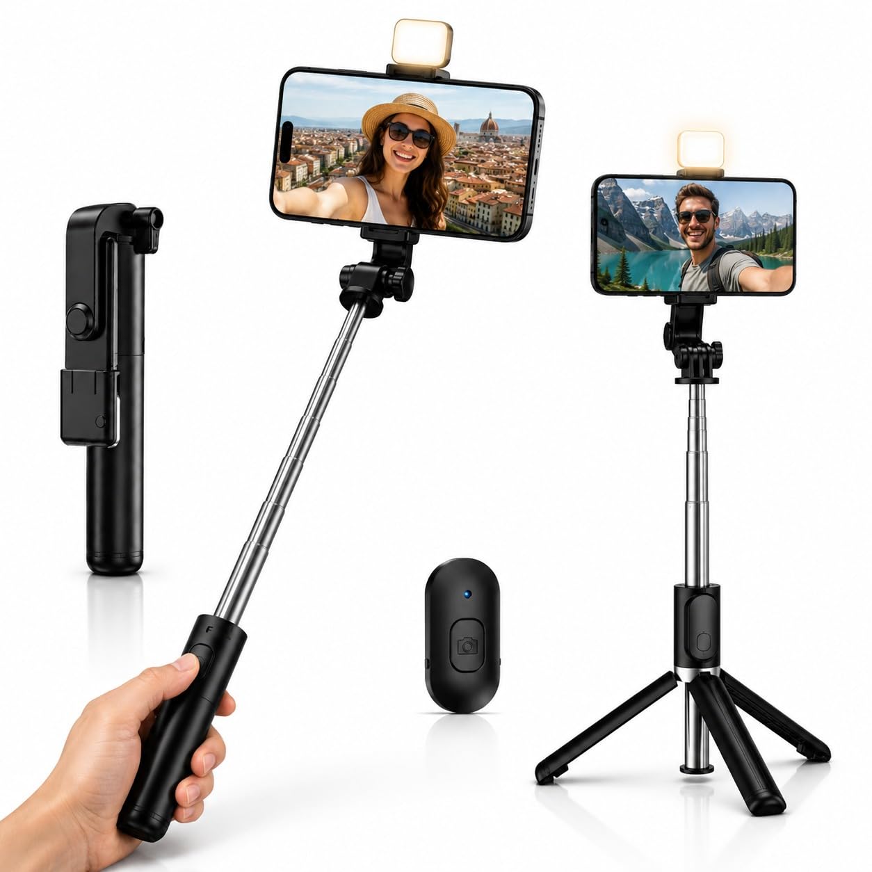 Tripé para Celular com Luz LED e Controle Bluetooth, Bastão Selfie 3 em 1 Extensível