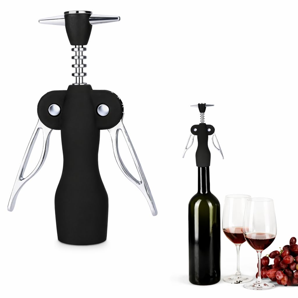 Abridor de Garrafa de Vinho, Saca-Rolhas com Braços Articulados, Preto e Prata, Estilo
