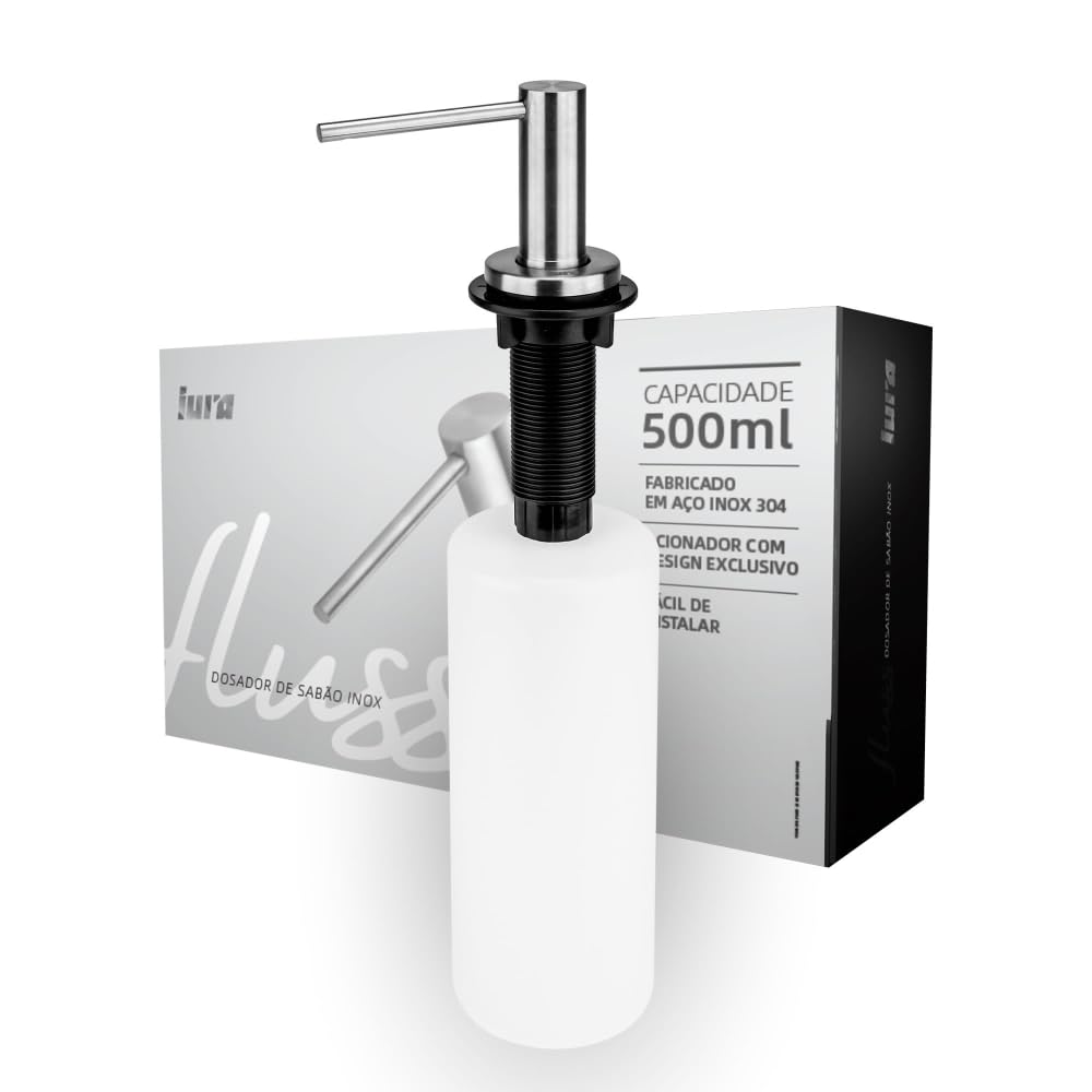 Dispenser Dosador De Sabão Porta Detergente Embutir Iura Fluss Bancada Inox Escovado 500ml
