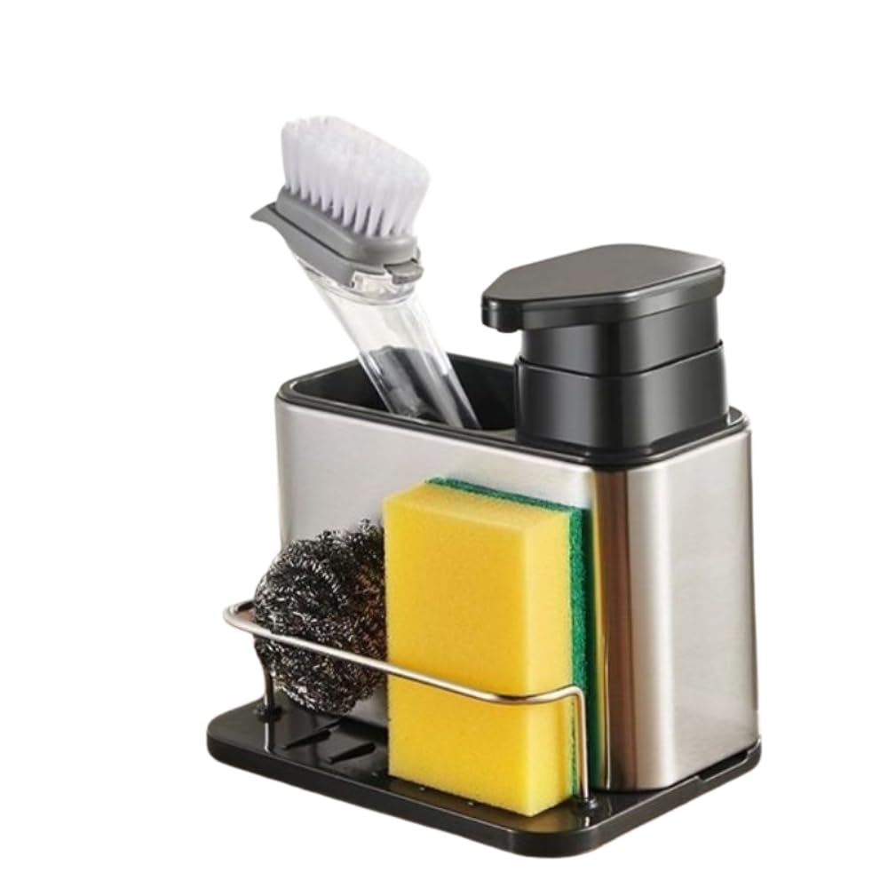 Dispenser 3 em 1 para Detergente com Porta Esponja e Escova em Aço Inox – Organizador de