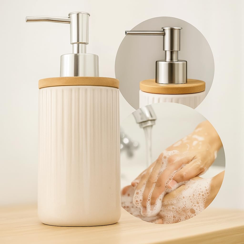Dispenser de Sabonete Líquido 250ml em Cerâmica com Tampa de Bambu Pump Reforçado