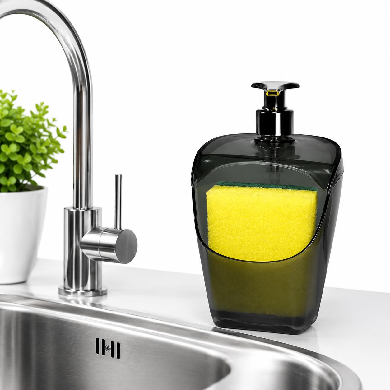 Dispenser de Sabão Detergente Liquido com Porta-Esponja Cor Preto com Transparente,