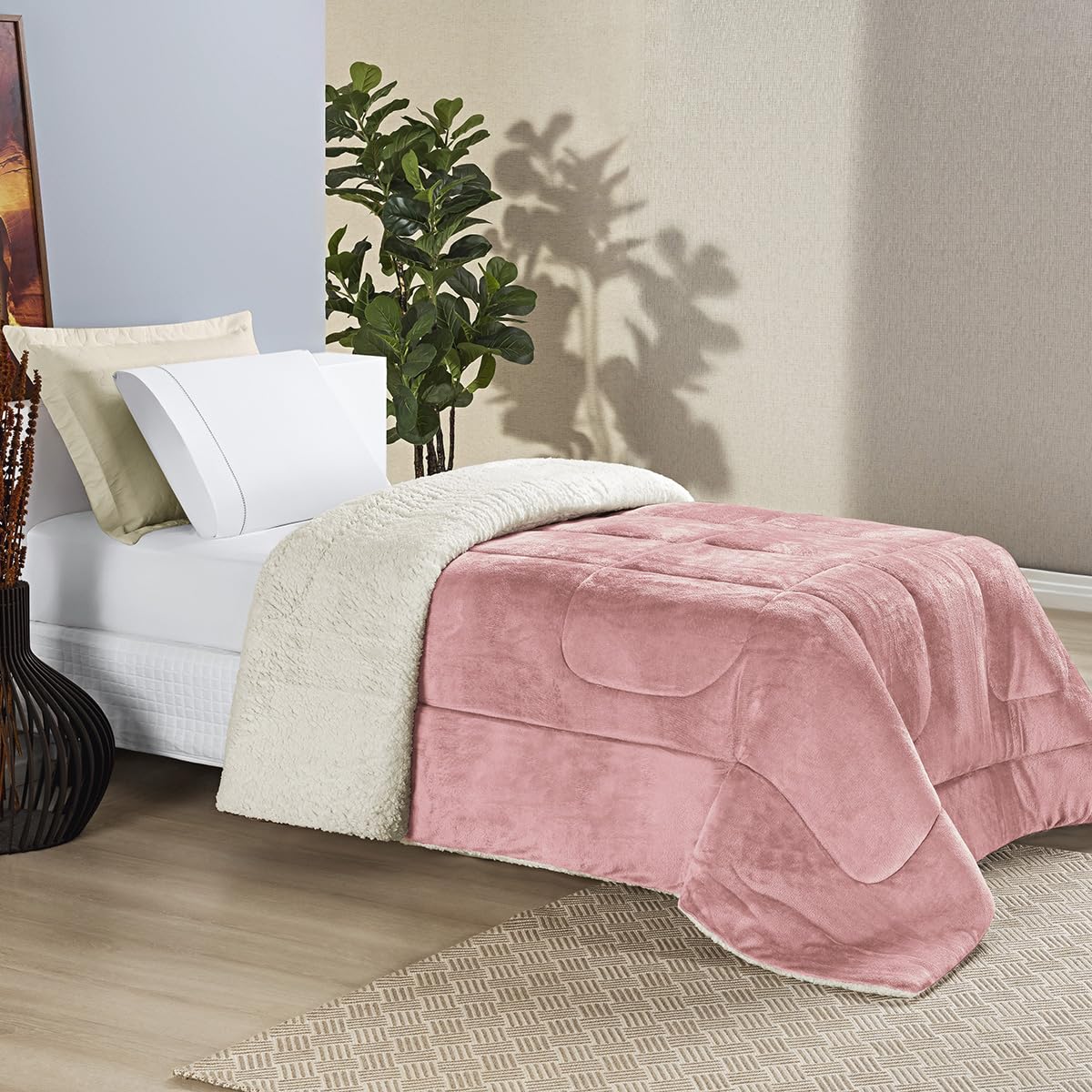 Coberdrom Solteiro Dupla Face Flannel e Sherpa Liso Ultra Macio 2,40 x 1,50 m – Cobertor