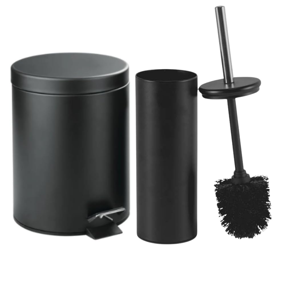 Conjunto Lixeira Preta e Escova Sanitária Inox Preto 3 Litros em Aço Pintado