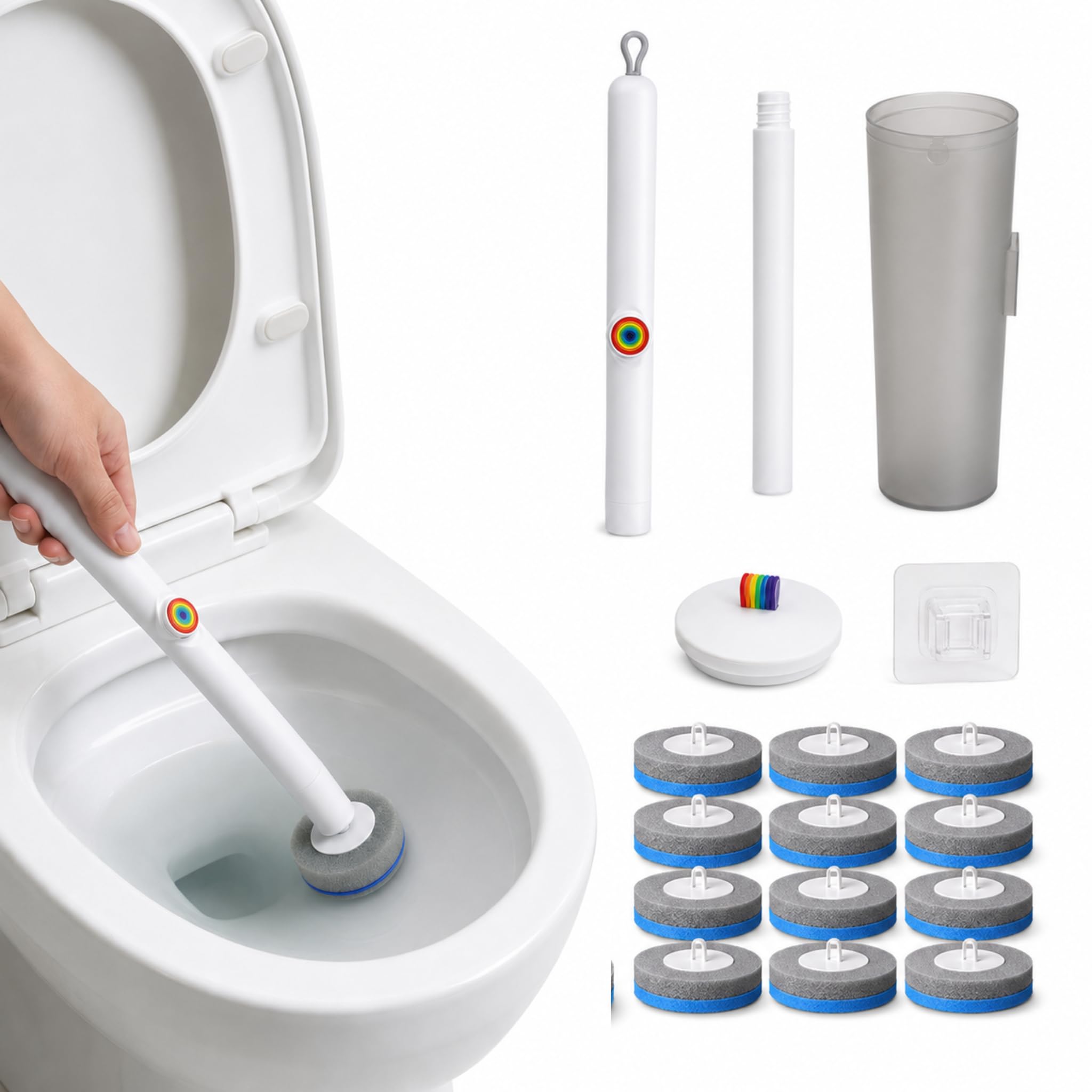 Escova Sanitária com 12 Refis Descartáveis, Suporte de Parede e Recipiente Branco, Cinza