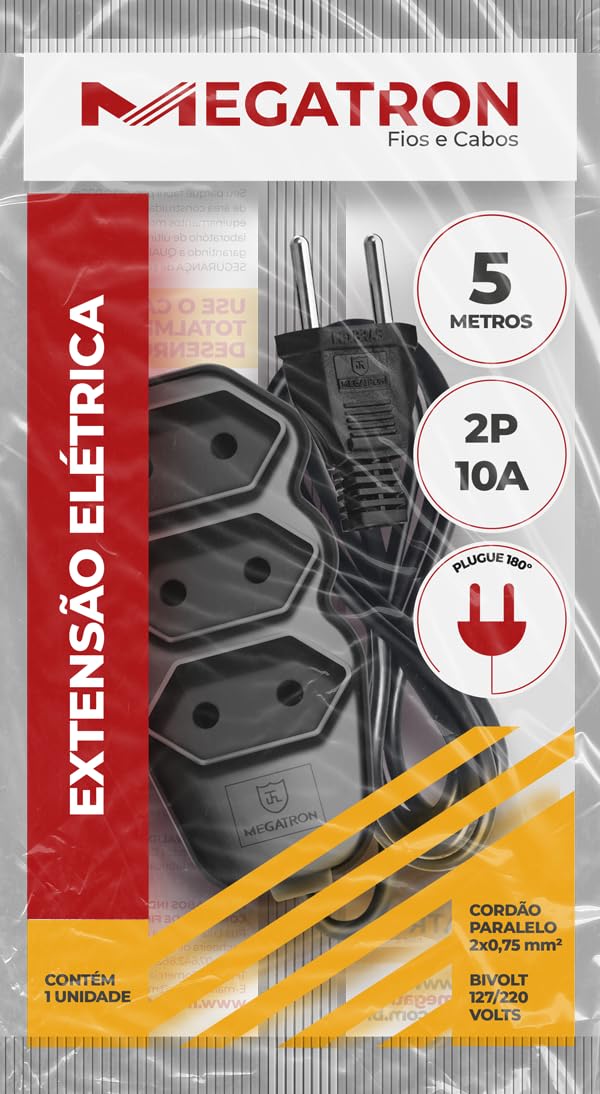 Extensão 3 tomadas cabo paralelo 10/A 250vo 2x0,75 (5 m) preto