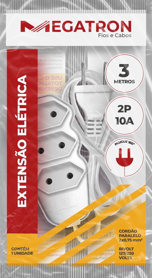 Extensão 3 tomadas cabo paralelo 10/A 250v 2x0,75 (3 m) branco