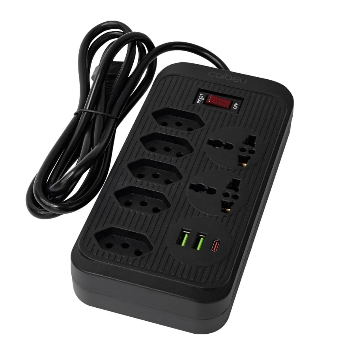 Extensão Elétrica 2 Metros 5 Tomadas 10A + 2 Internacionais USB (2A) e USB-C Régua