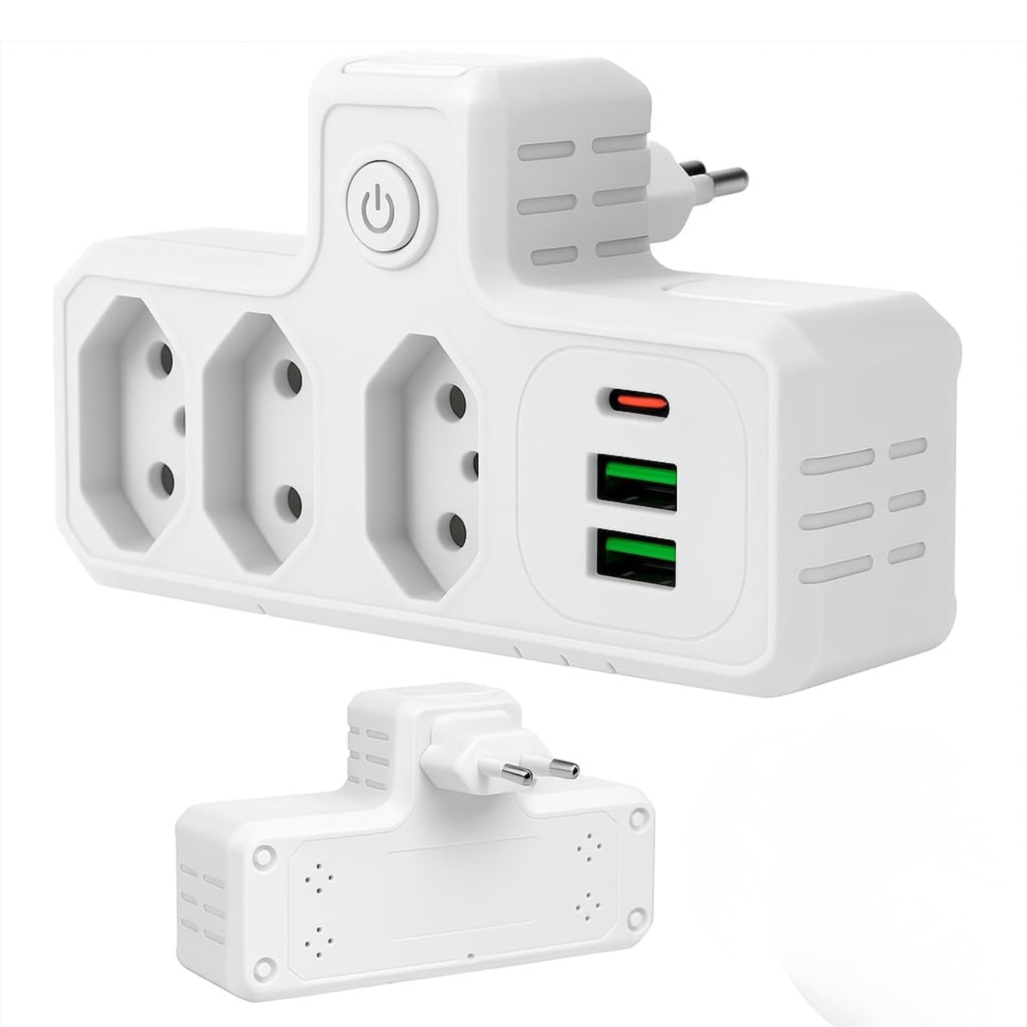 Extensão Adaptadora de Tomadas 3 Saídas + Porta USB e Tipo-C, 2,5kW, 10A com Proteção