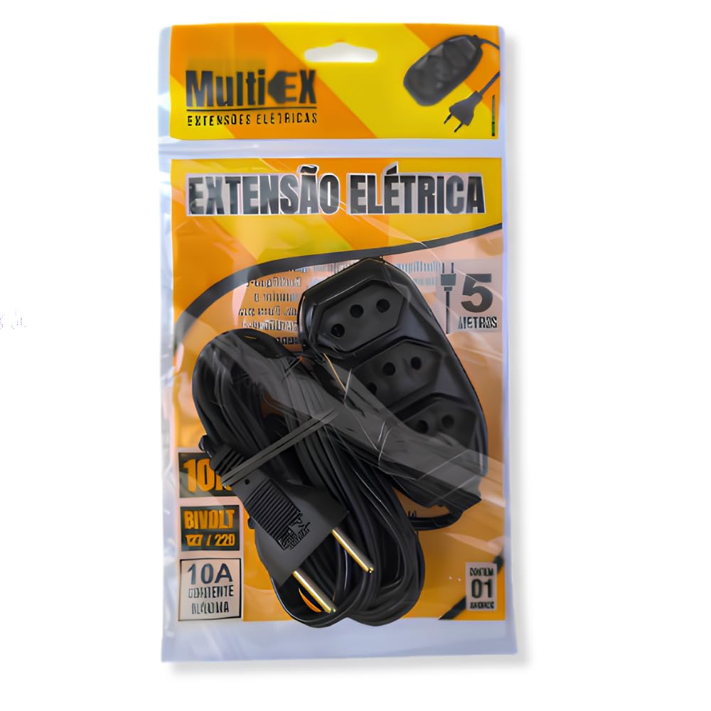 Extensão de Tomada Tripolar com 3 Tomadas, 110V-220V, 10A, Preto, 5 Metros, Cabo 2x0,75mm