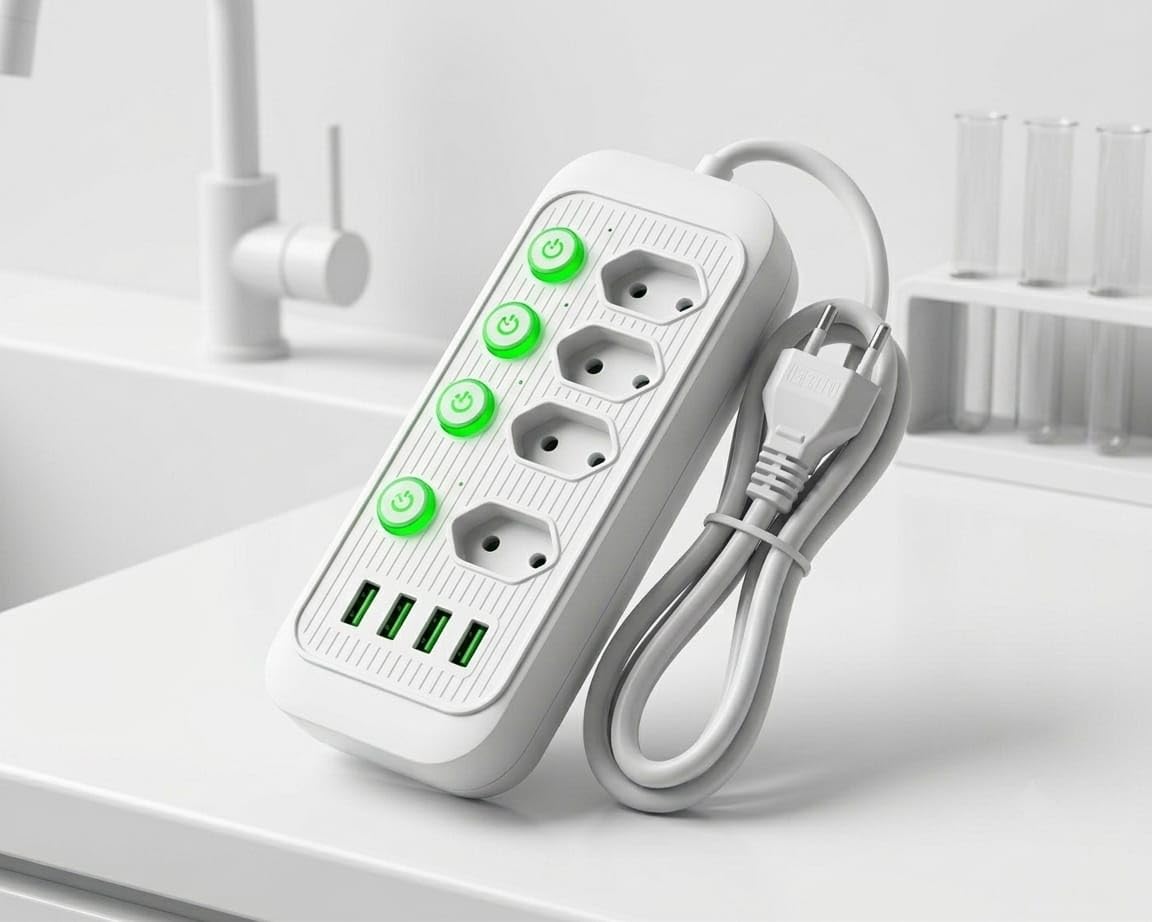 Extensão Elétrica 2m, 4 Tomadas, 4 Portas USB, Régua de Energia, Botão liga/desliga,