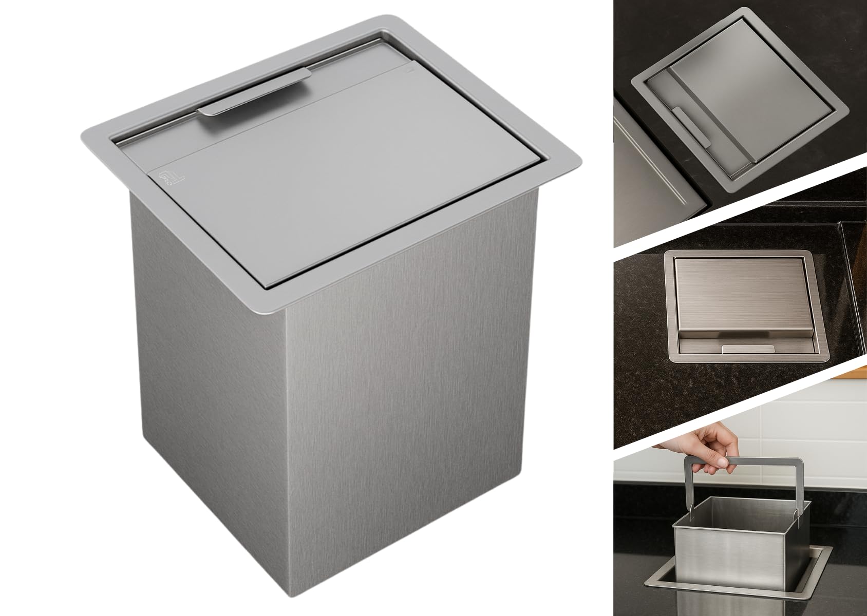 Lixeira de Embutir Quadrada em Aço Inox 304 para Bancada e Pia de Cozinha - 4,5L