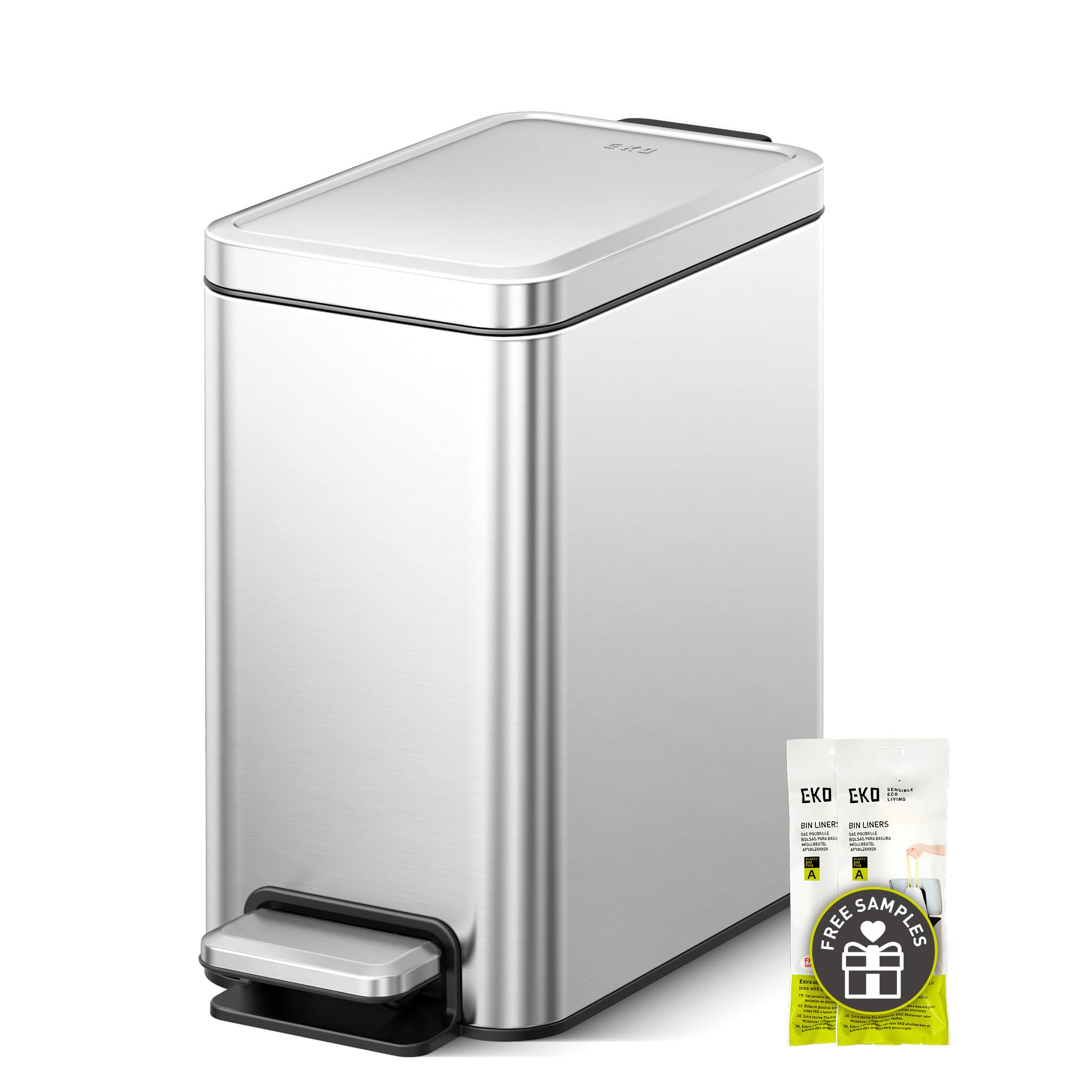 EKO Lixeira com Pedal STELLA SLIM 6L Prata Aço Inoxidável 3 Compartimentos
