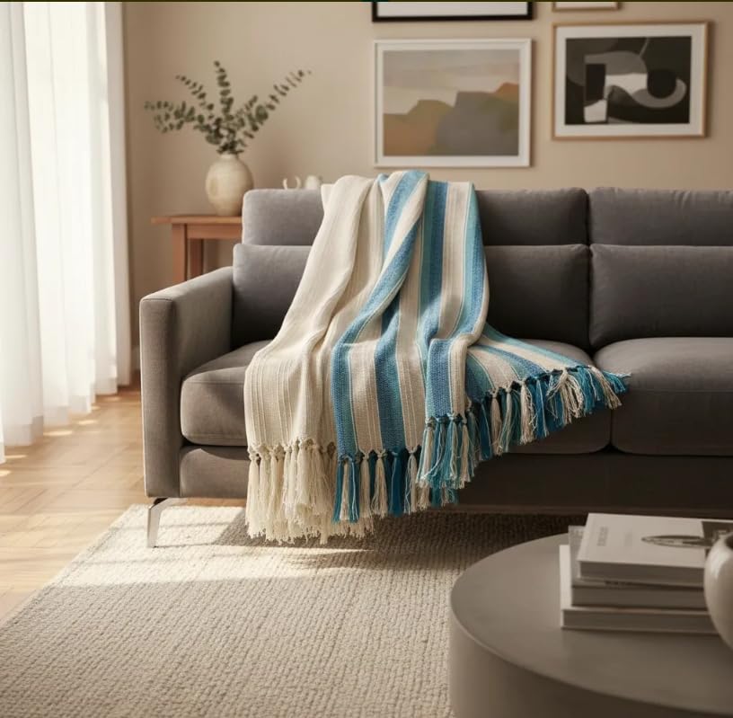 Kit 2 Mantas Para Sofá e Poltrona Azul De Faixa E Cru Chalé Decorativo De Luxo 100%