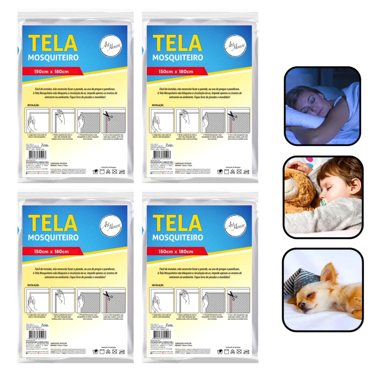 Kit 4 Telas Mosquiteiro para Janela 150x180cm com Fita Adesiva Proteção | Contra
