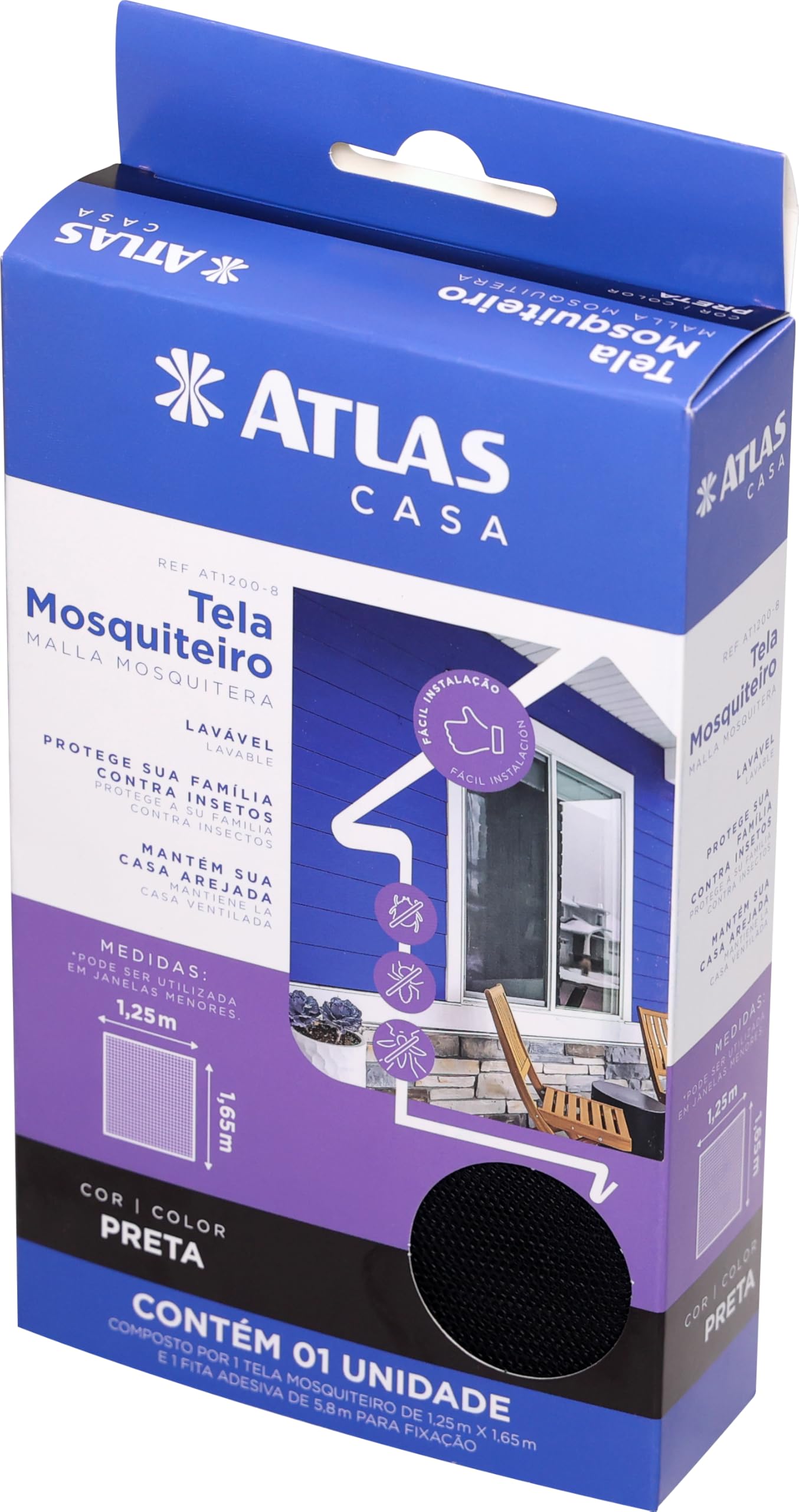 Atlas - Tela Mosquiteiro de Poliéster na Cor Preta. Malha com 195furo/pol² com fixação