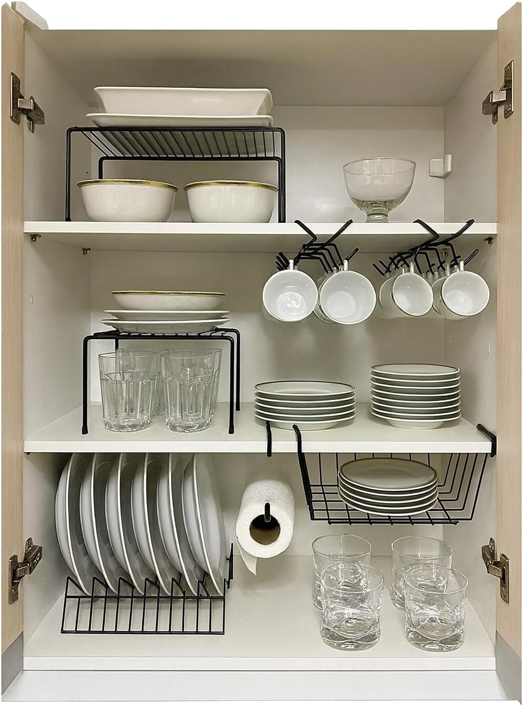 Kit Organizador de Armário Aramado de Cozinha Suporte de Prato Xícara Cesto 7 Peças Preto