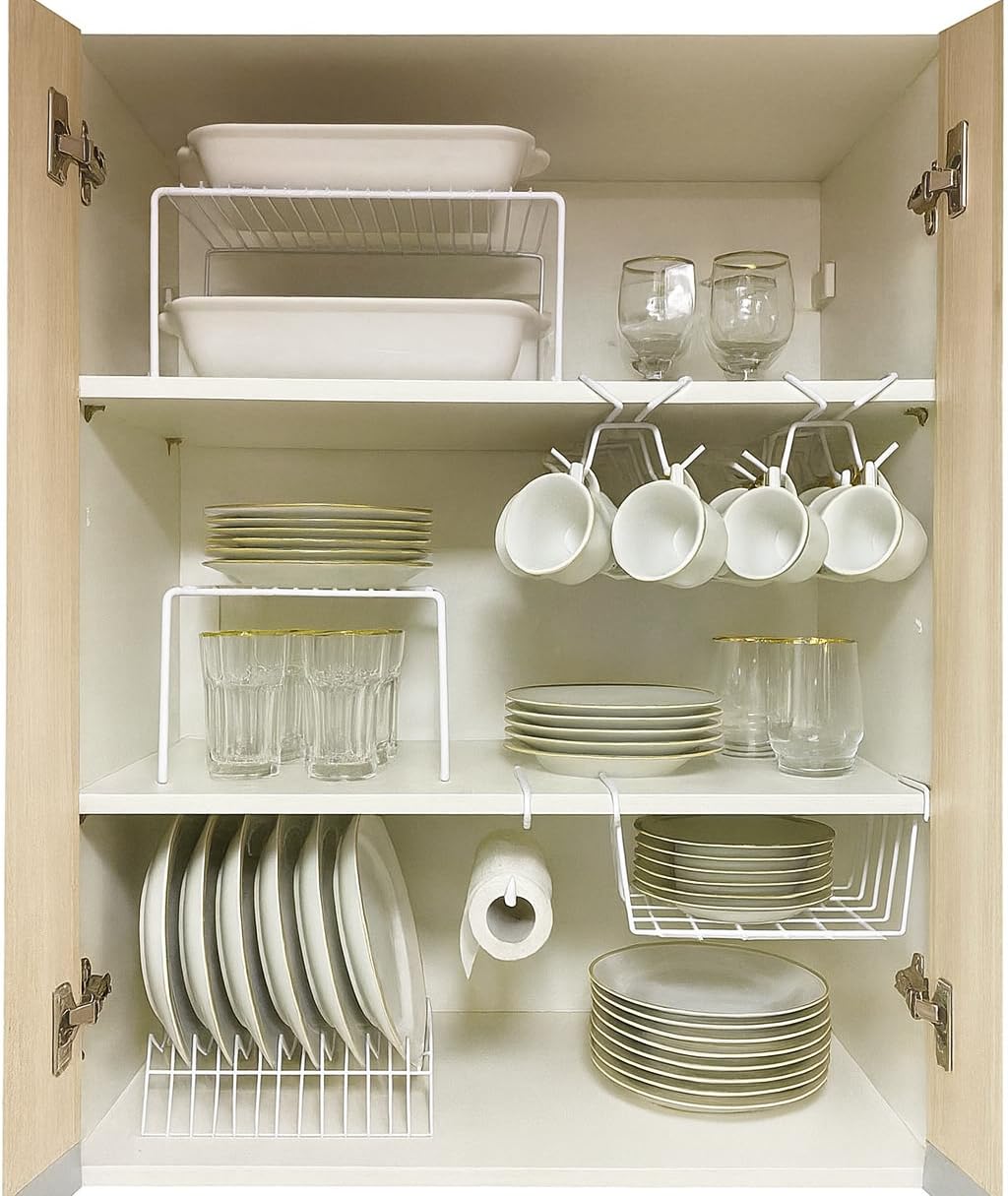 Kit Organizador de Armário Aramado de Cozinha Suporte de Prato Xícara Cesto 7 Peças