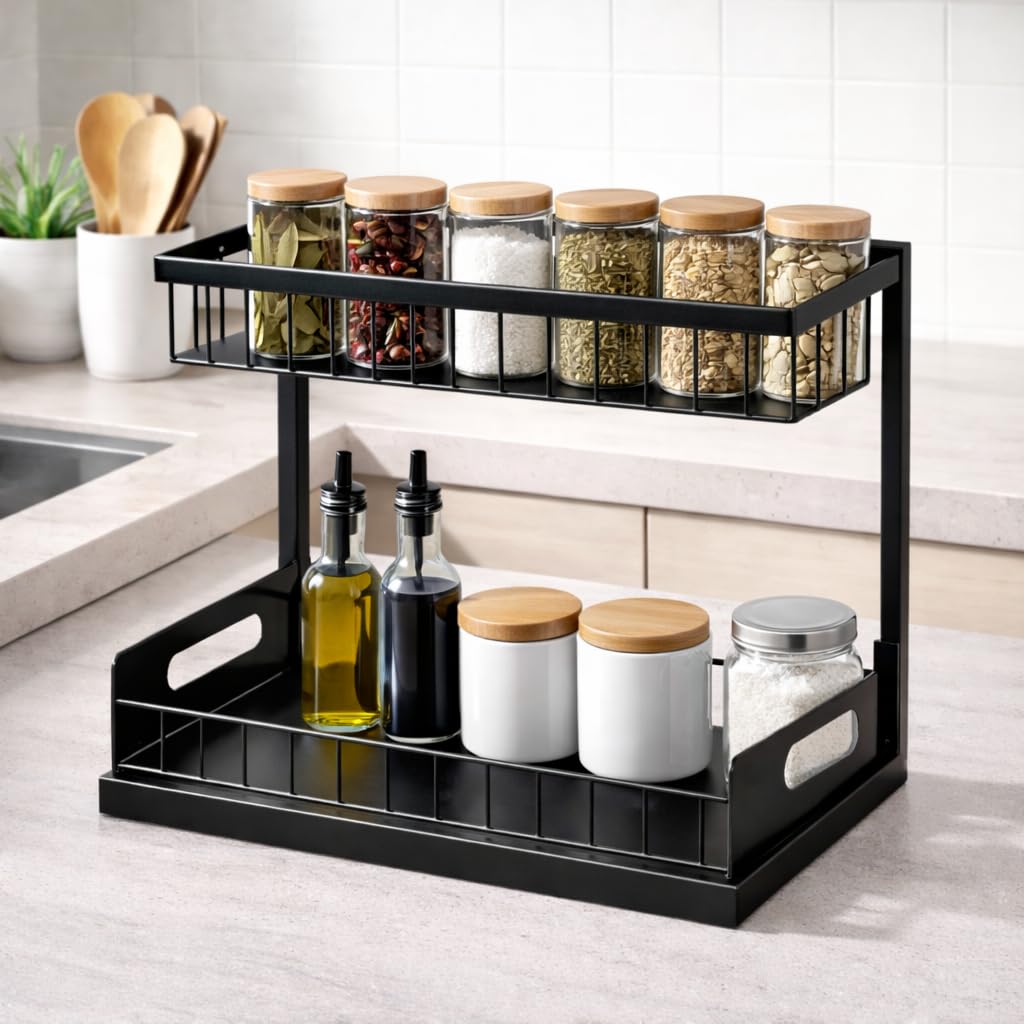 Organizador de Armário Deslizante para Pia 2 Níveis Metal Preto Multiuso Banheiro Cozinha