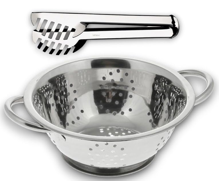 Escorredor de Massas ARROZ com Furos e Alça Inox 24cm | Pegador de macarrão 20cm incluído