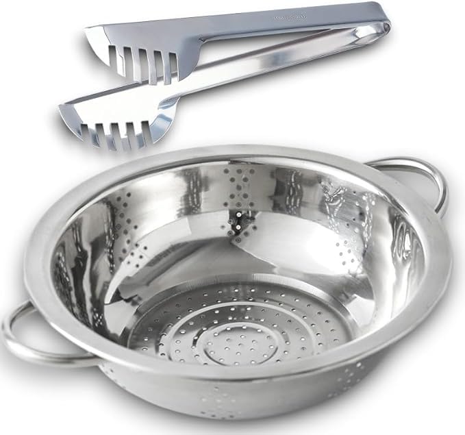 Escorredor de Massas e Arroz em Aço Inox 24 cm com Alça + Pegador de Macarrão 20 cm –