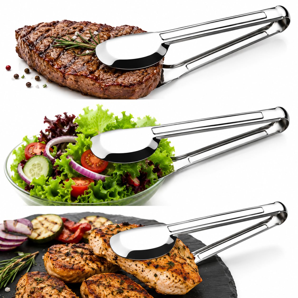 kit com 3 Pegador Inox Multiuso para Cozinha, Churrasco, Salada e Massas, Aço Inoxidável,