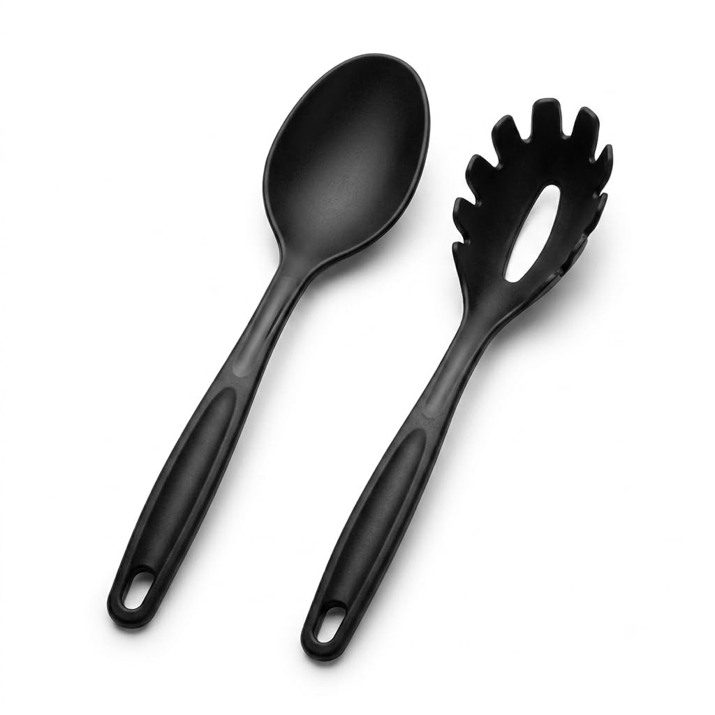 Kit Utensílios de Cozinha Sanremo - Colher e Pegador de Macarrão Preto | Resistente a