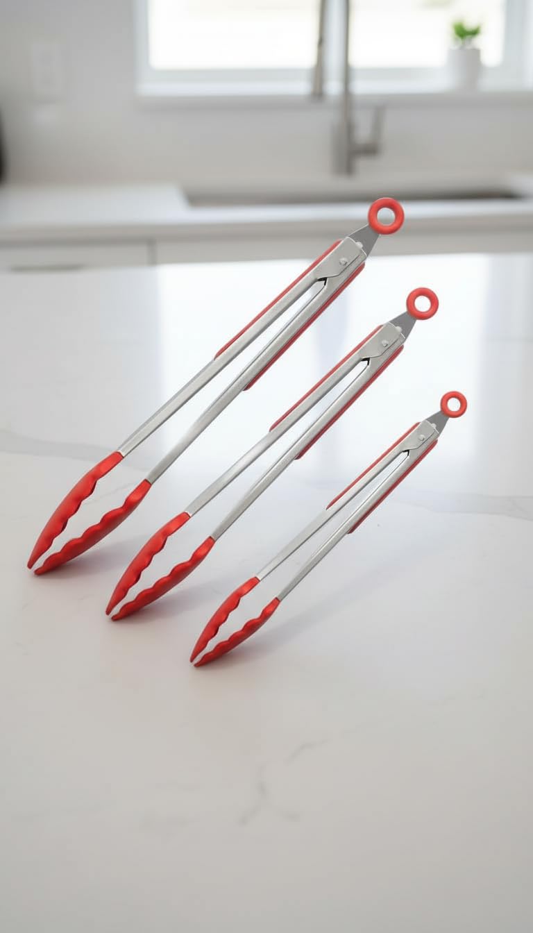 Kit 3 Pegadores Culinários Silicone Inox Vermelho 22-30cm