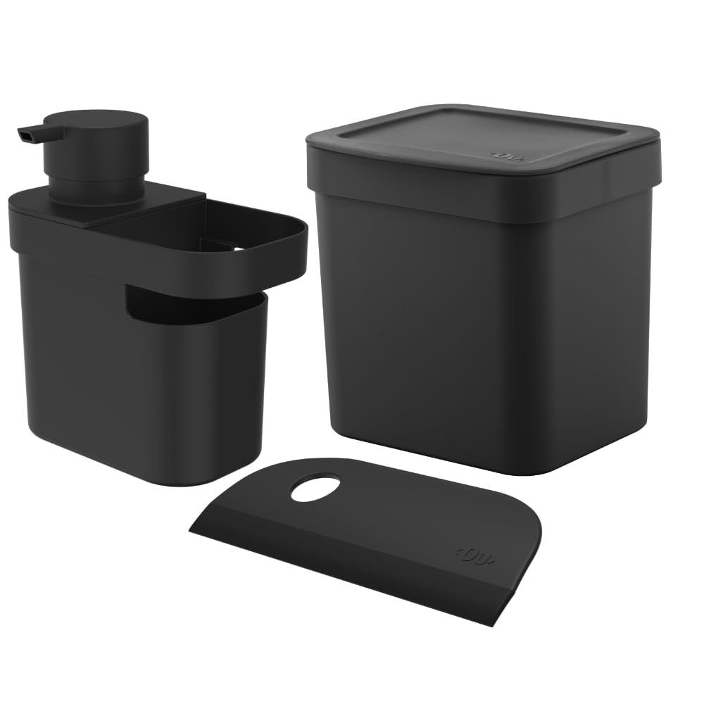 Kit Organizador de Pia 3 peças Preto Dispenser de Detergente Rodinho de Pia Lixeira 2,5