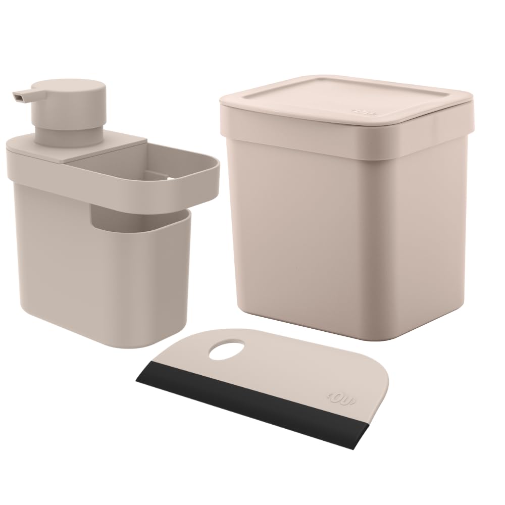 Kit de Pia 3 peças BegeDispenser de Detergente Rodinho de Pia Lixeira 2,5 Litros Kit