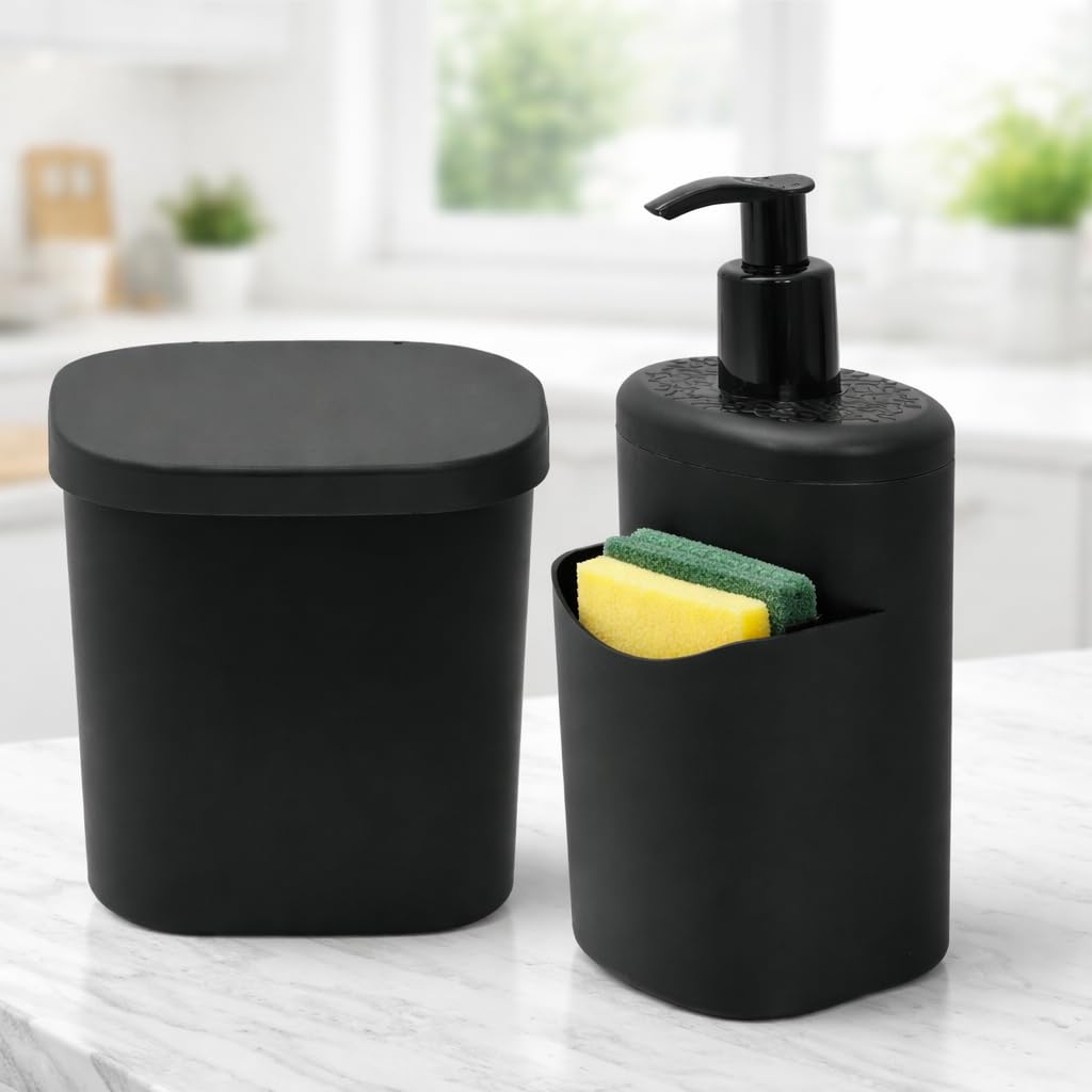 Kit Lixeira 3,5L Preta com Tampa Anti-Odor + Dispenser 500ml para Detergente |