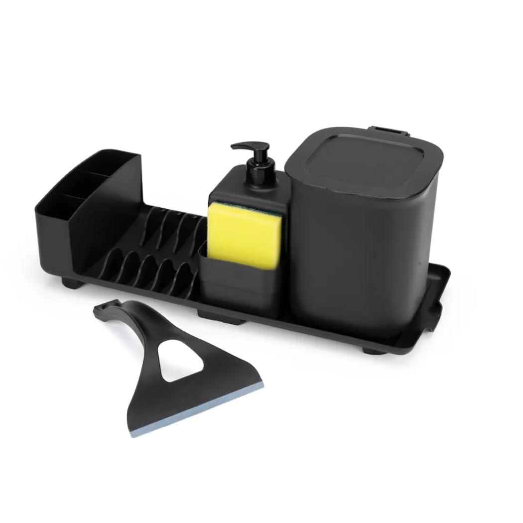 Kit Para Pia 4 Peças Preto com Escorredor, Lixeira 2,5L, Dispenser para Detergente e