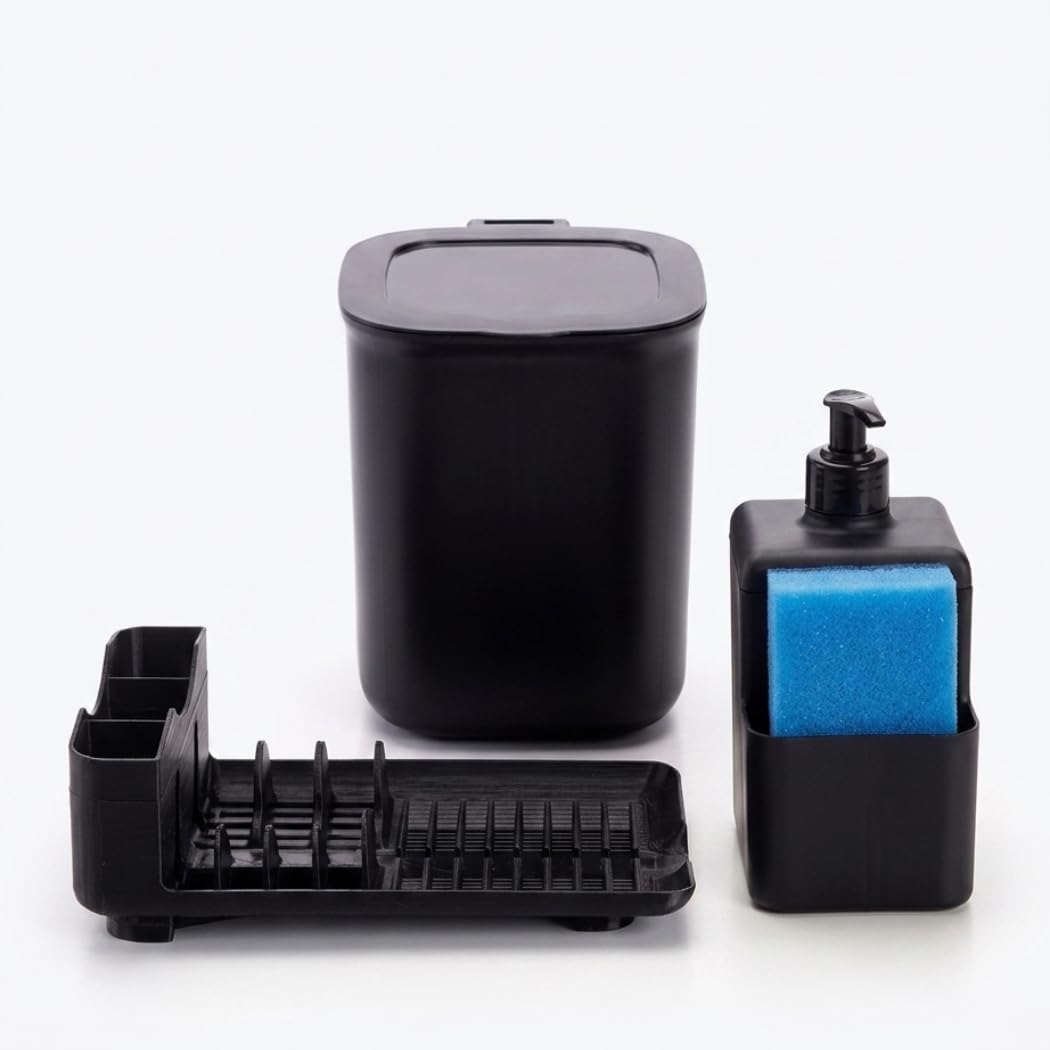 Kit Organizador de Pia 3 Peças Preto com Escorredor de Louças, Lixeira 2,5L e Dispenser