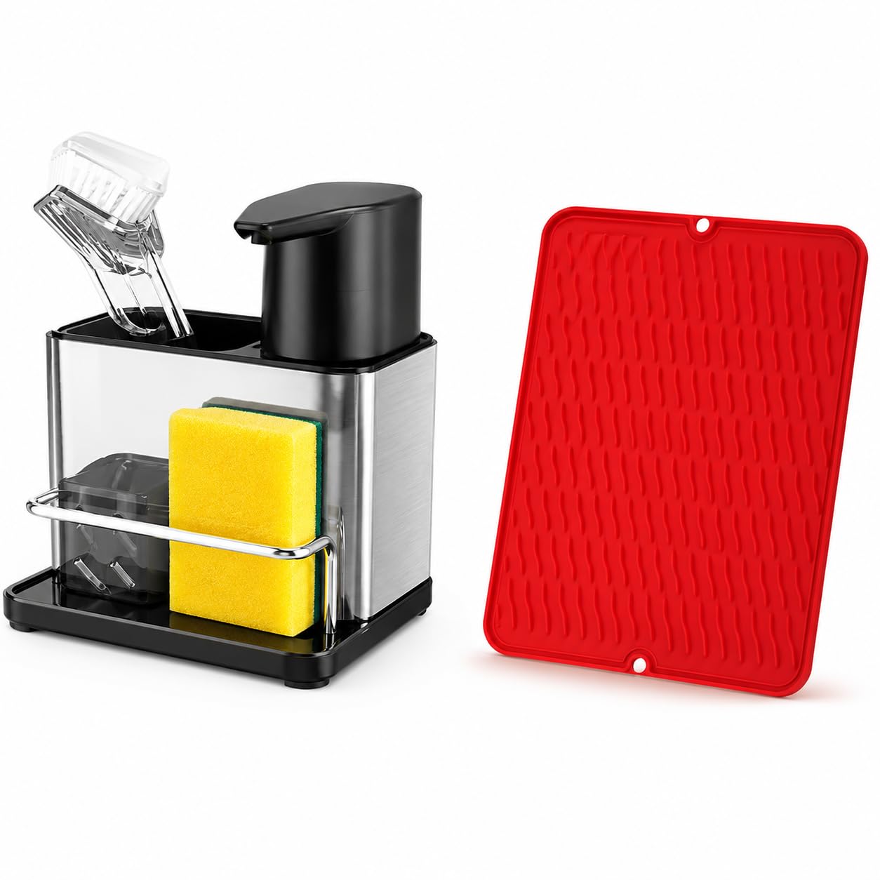 Kit Organizador de Pia Premium Dispenser INOX para Detergente e Tapete Escorredor