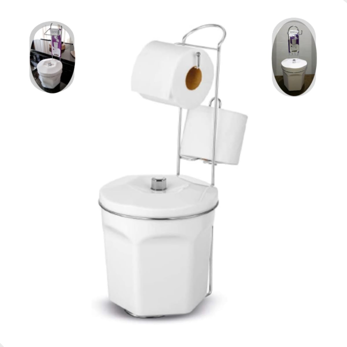 Porta Papel Higiênico com Lixeira Branca 6L Suporte para 2 Rolos Cromado
