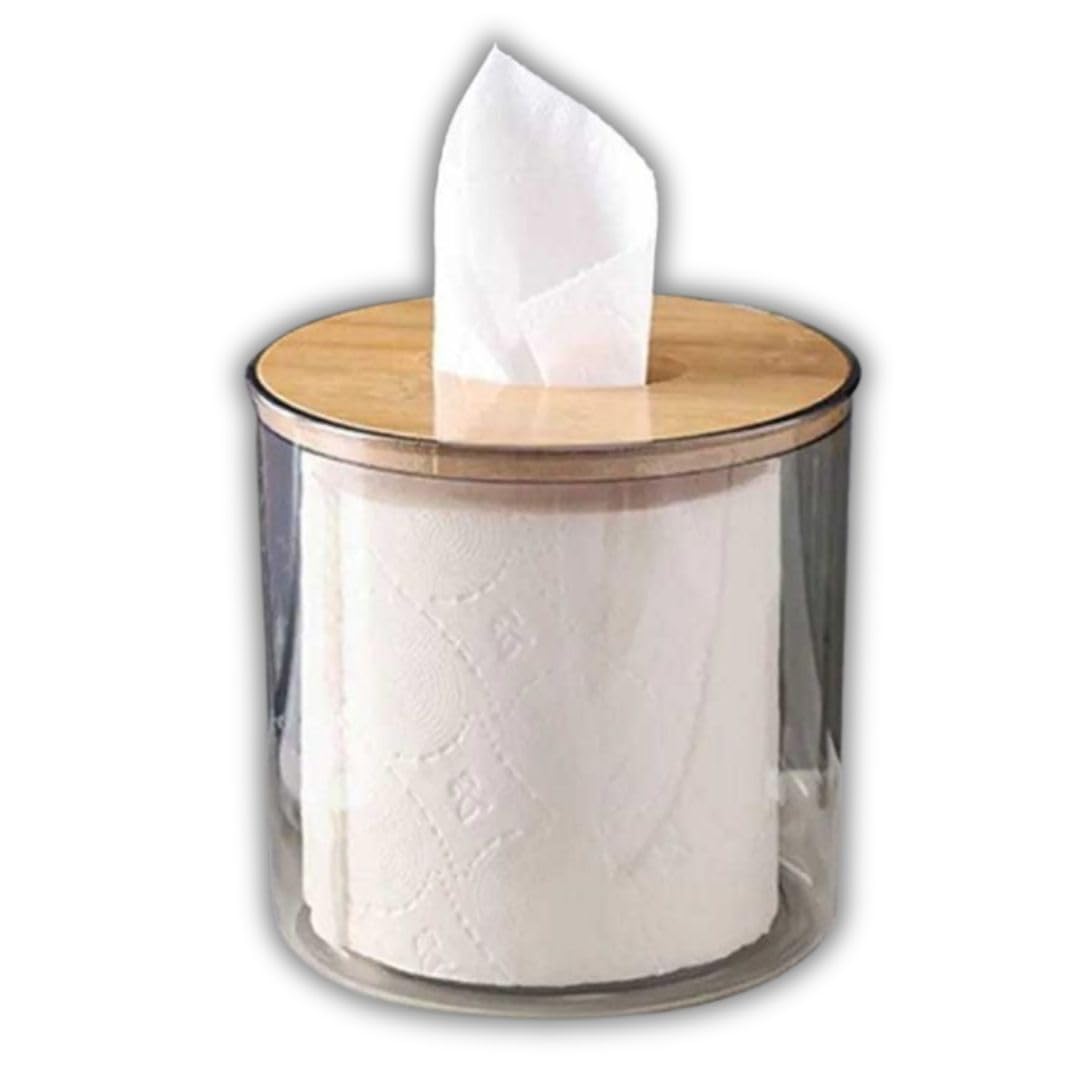 Porta Papel Higiênico de Luxo Transparente com Tampa de Bambu – Elegância, Proteção e