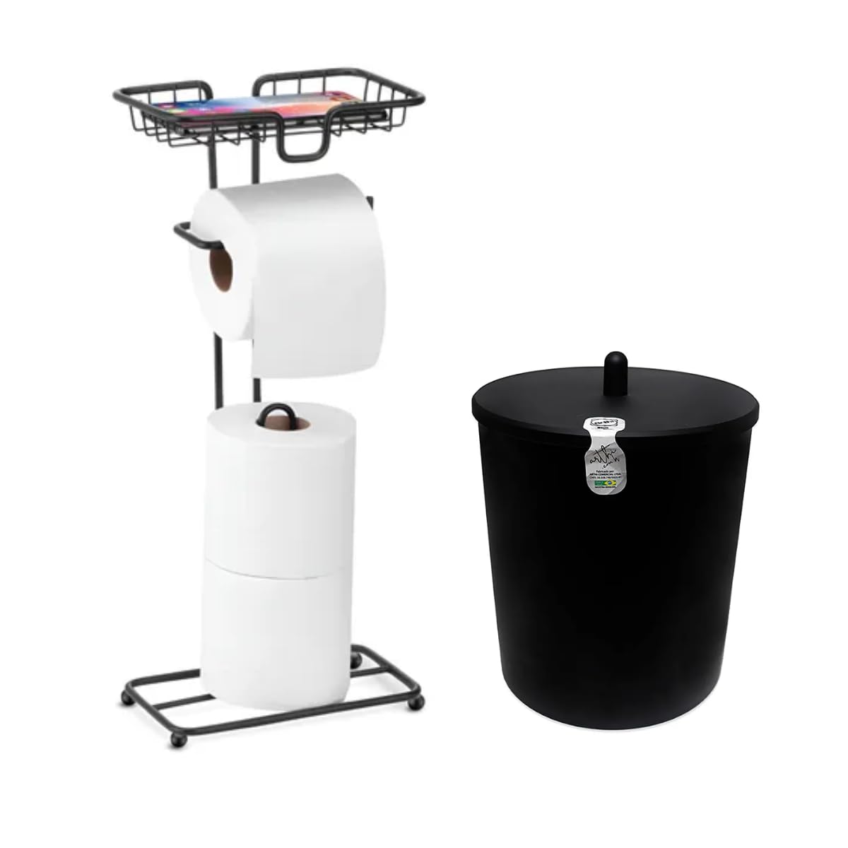Kit Banheiro Elegante Black - Porta Papel Higiênico Com Suporte Para Guardar Celular ou