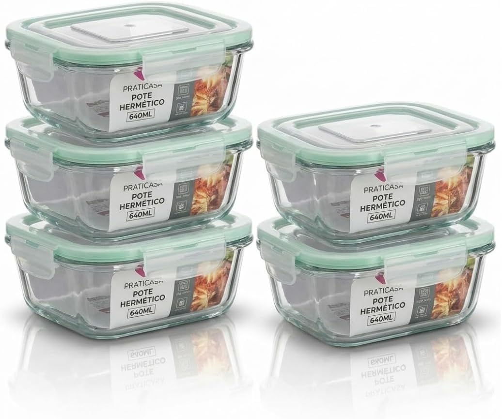 Pote de Vidro Hermético 640ml Retangular Kit 10 Unidades Marmita (5)