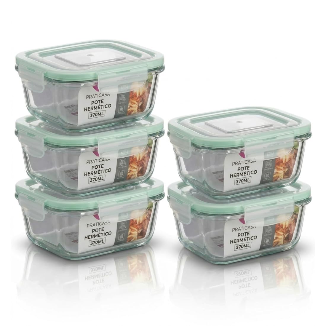 Pote de Vidro Hermético 370ml Retangular Kit 5 Unidades | Marmita