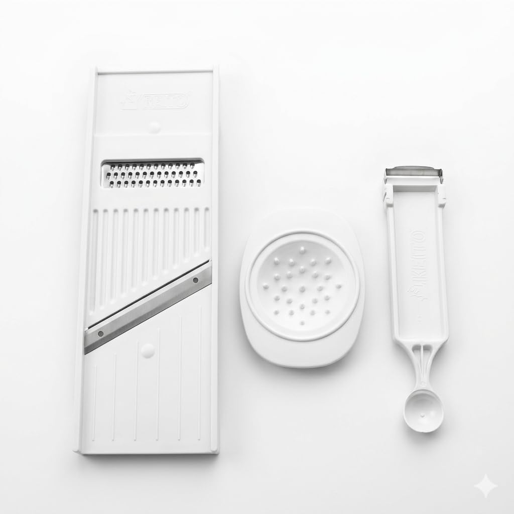 KIT Descascador e Boleador de Vegetais + Fatiador + Ralador + Protetor Prático Bonito