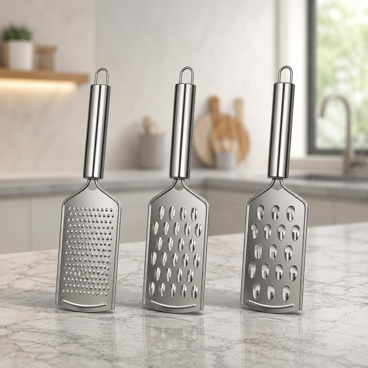 3 Ralador Inox Manual Fino Médio Grosso 1 Face - Utensílio de Cozinha Multiuso para Ralar