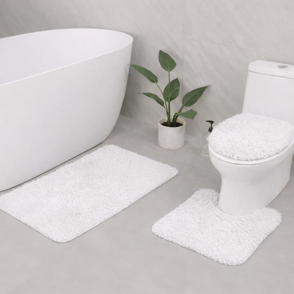 Jogo De Tapete Banheiro 3 Peças Pelo Alto Macio Antiderrapante Kit Completo Luxo (Branco)
