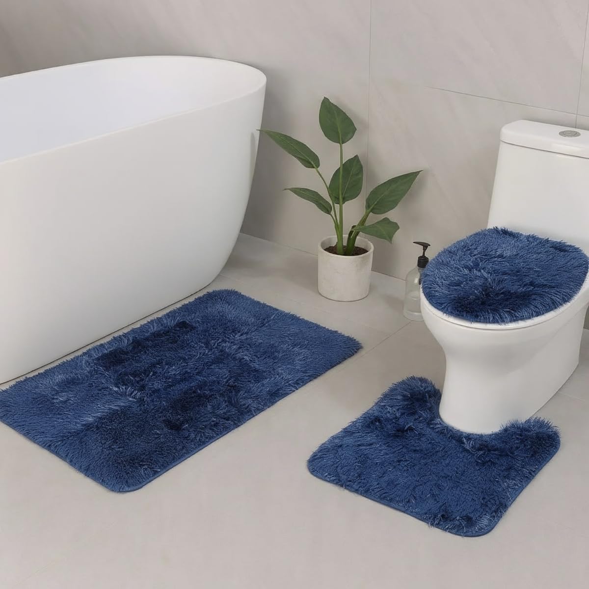 Jogo De Tapete Banheiro 3 Peças Pelo Alto Macio Antiderrapante Kit Completo Luxo (Azul)