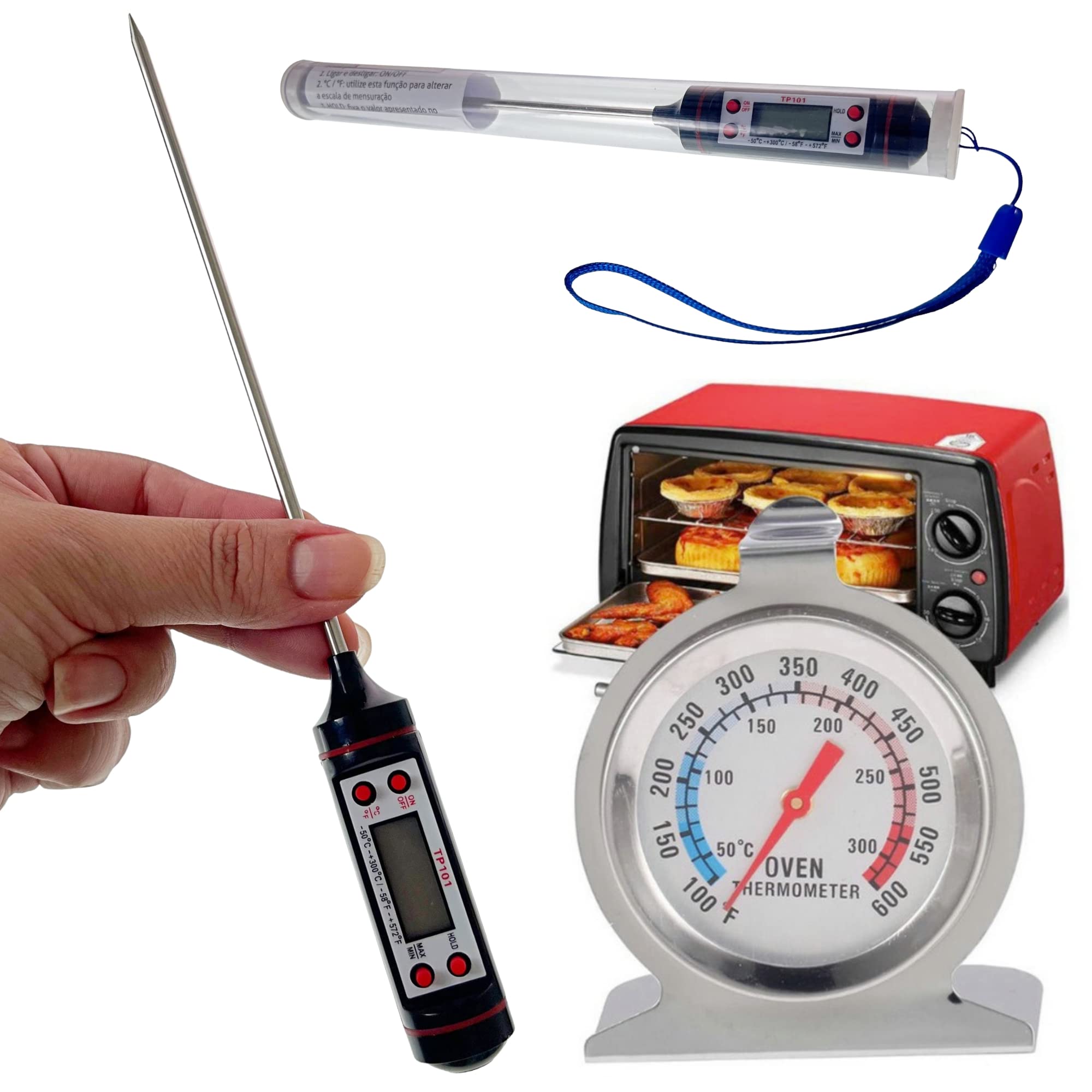 Kit Termômetros Culinários Espeto Agulha Digital + Forno Analógico Aço Inox 300° Líquidos